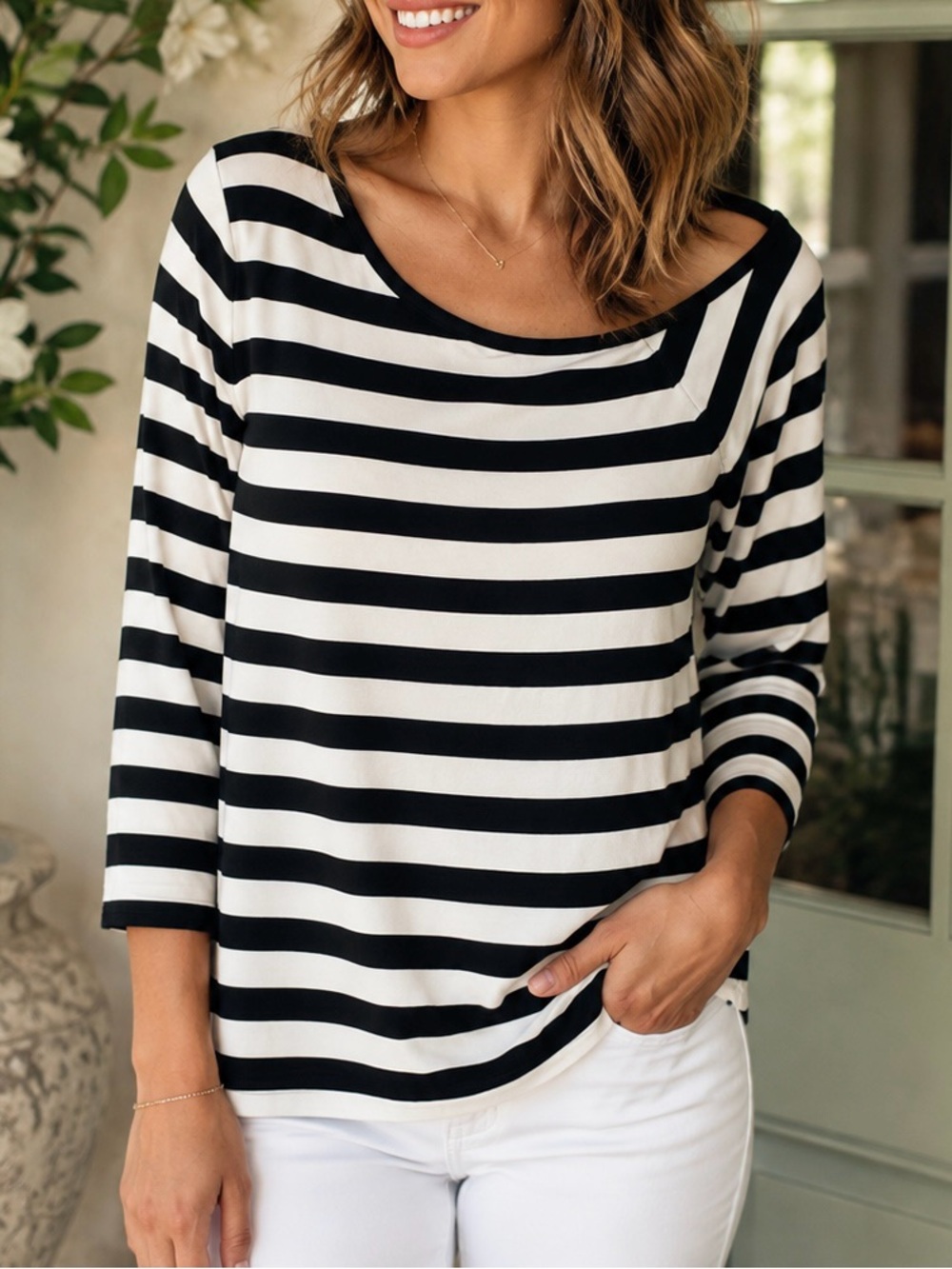 The Limited Womens L Black Ivory Striped 3/4 Sleeve Boat Neck Top Stretch